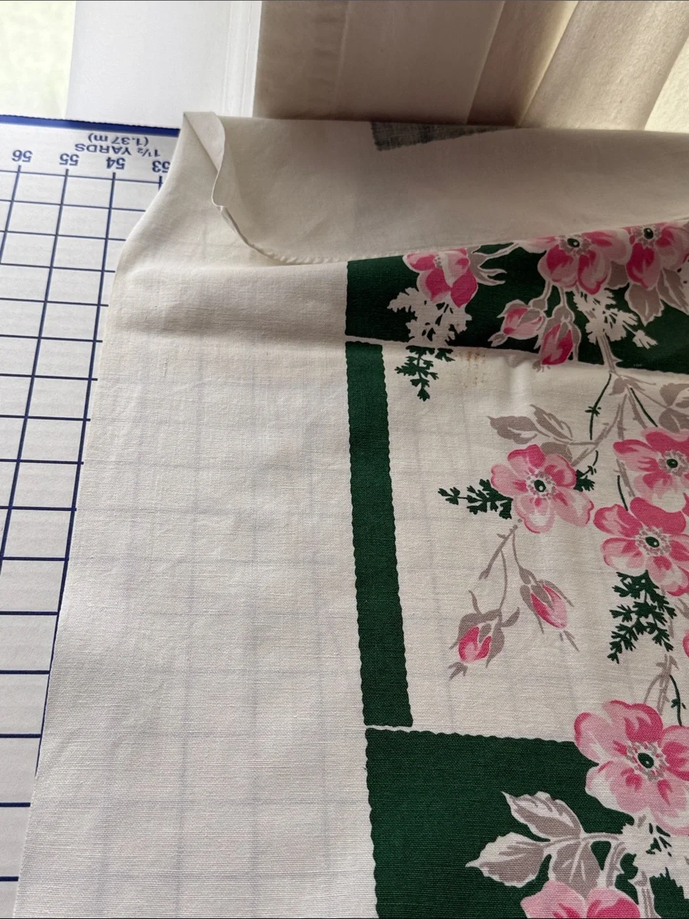 Vintage 1950s Tablecloth Pink Roses Green Check Floral Cotton 54x48 Mid Century